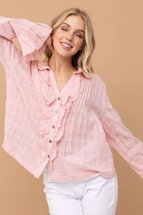 wholesale clothing pink top with buttons and long sleeve In The Beginning
