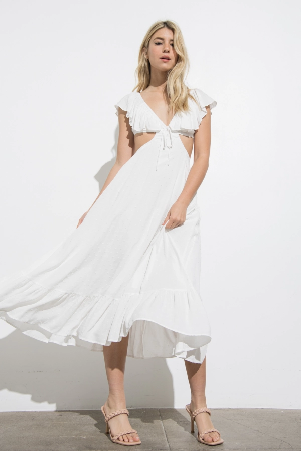 wholesale clothing off white maxi dress with v neck and waist cut details In The Beginning