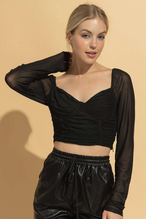 wholesale clothing black mesh top with v neck and long sleeve In The Beginning