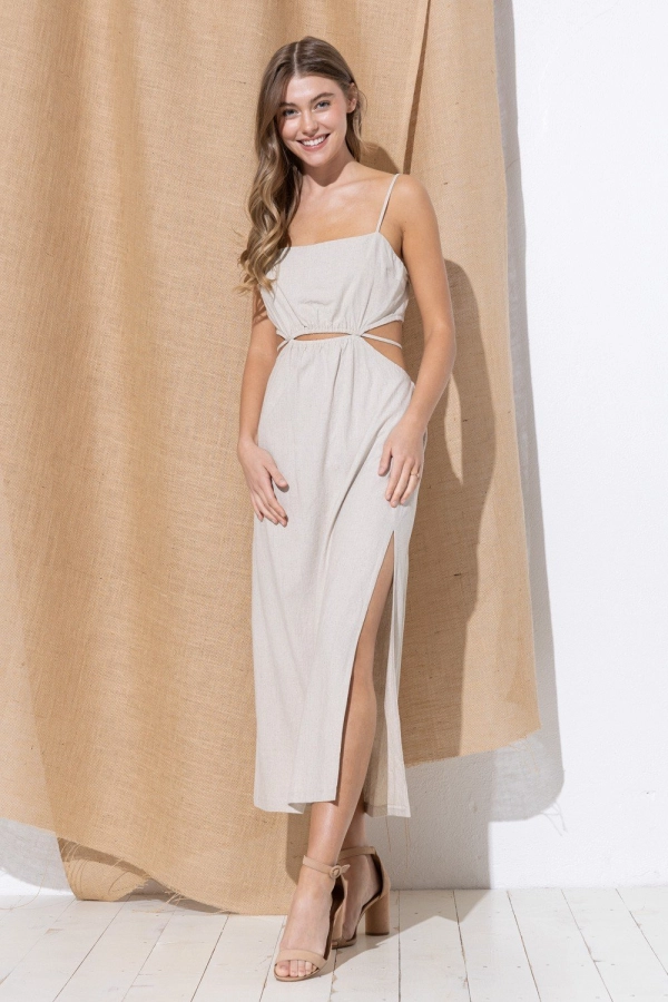 wholesale clothing natural midi dress- brown with spaghetti strap and square neck In The Beginning