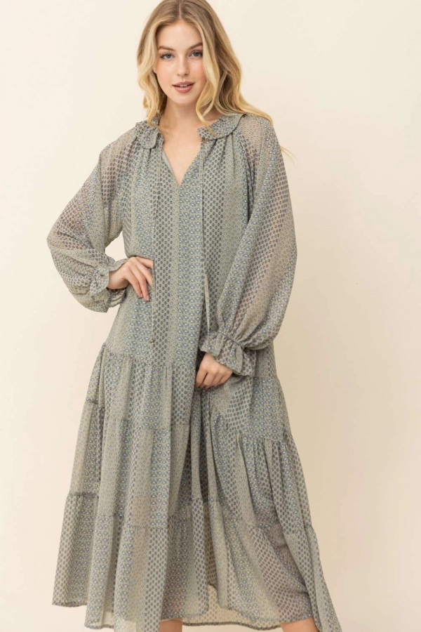 wholesale clothing sage multi maxi dress with ruffle details In The Beginning