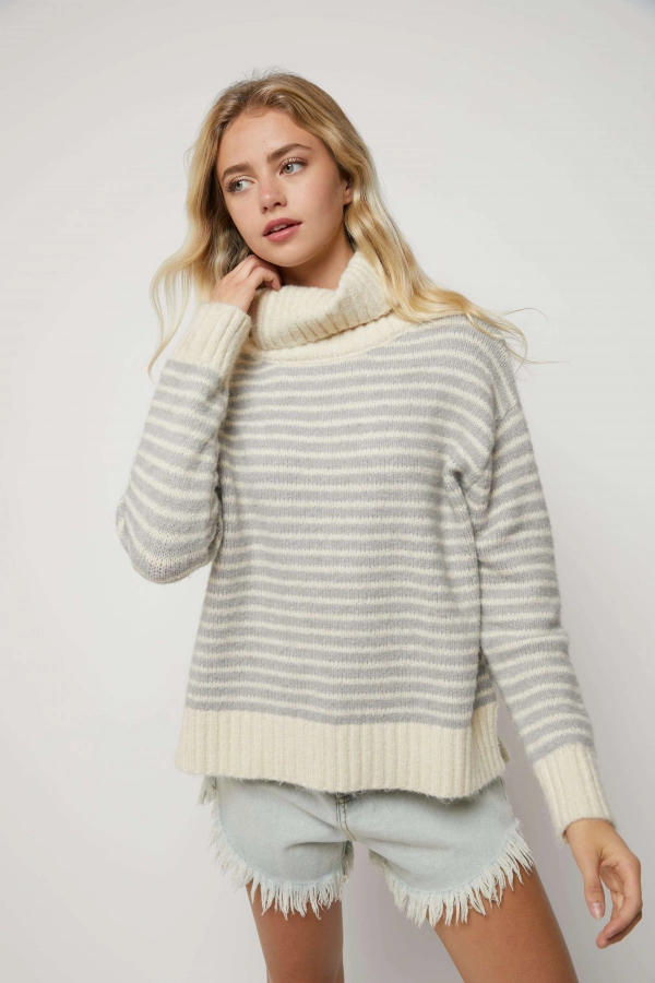 wholesale clothing light blue stripe sweater with turtle neck In The Beginning