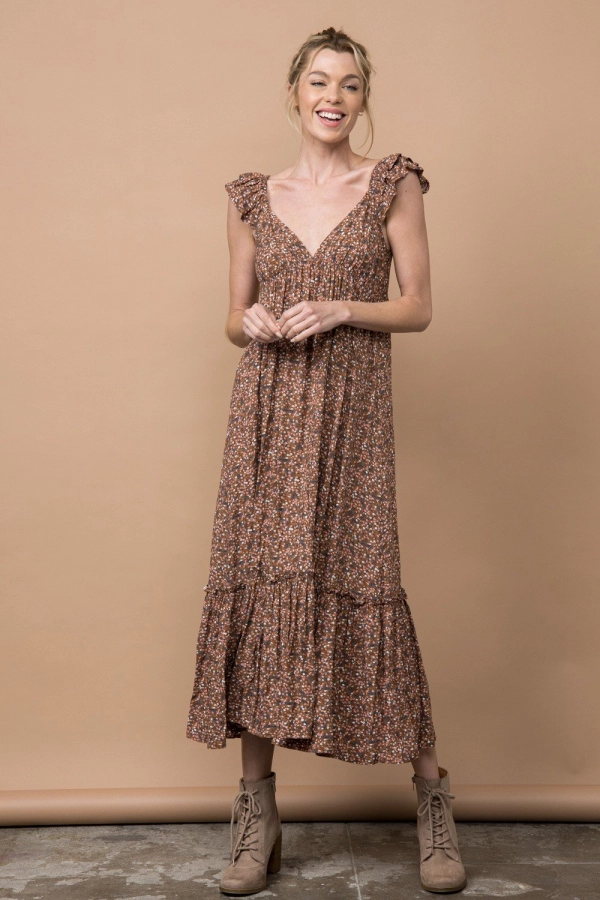 wholesale clothing brown floral dress with v neck and ruffle details In The Beginning