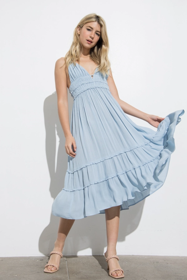 wholesale clothing blue midi dress with v neck and ruffle details In The Beginning