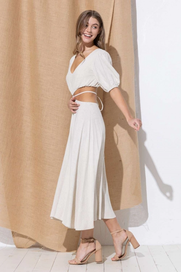 wholesale clothing sand maxi dress with v neck and waist cut details In The Beginning