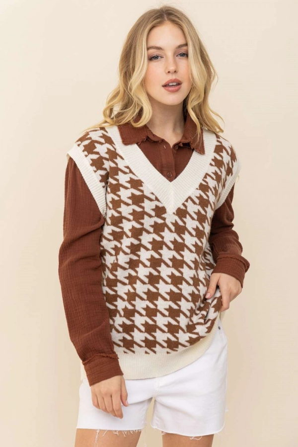 wholesale clothing brown sweaters vest with animal printed details In The Beginning