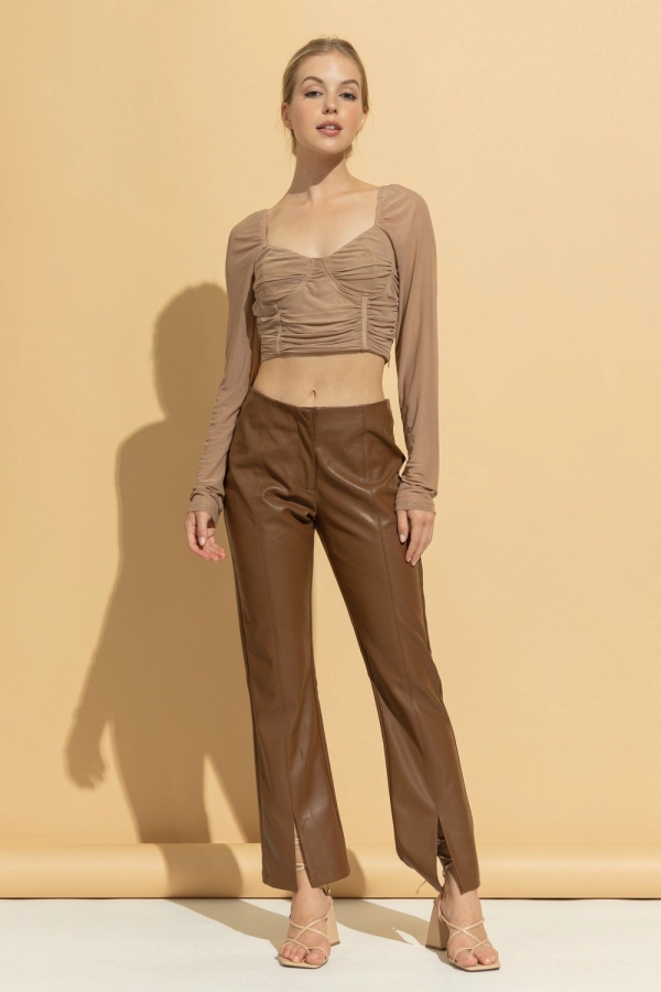 wholesale clothing taupe mesh top with v neck and long sleeve In The Beginning