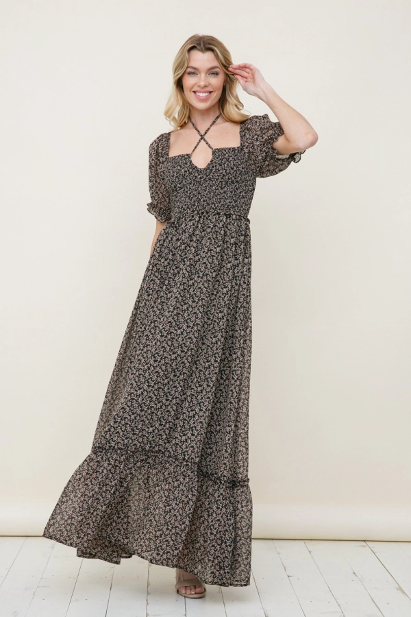 wholesale clothing black floral maxi dress with smock In The Beginning