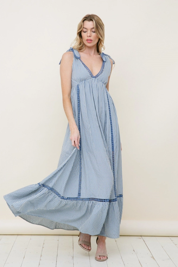 wholesale clothing blue checkered sleeveless maxi dress with v neck In The Beginning