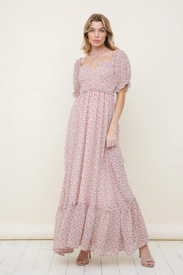 wholesale clothing ivory floral maxi dress with ruffle In The Beginning