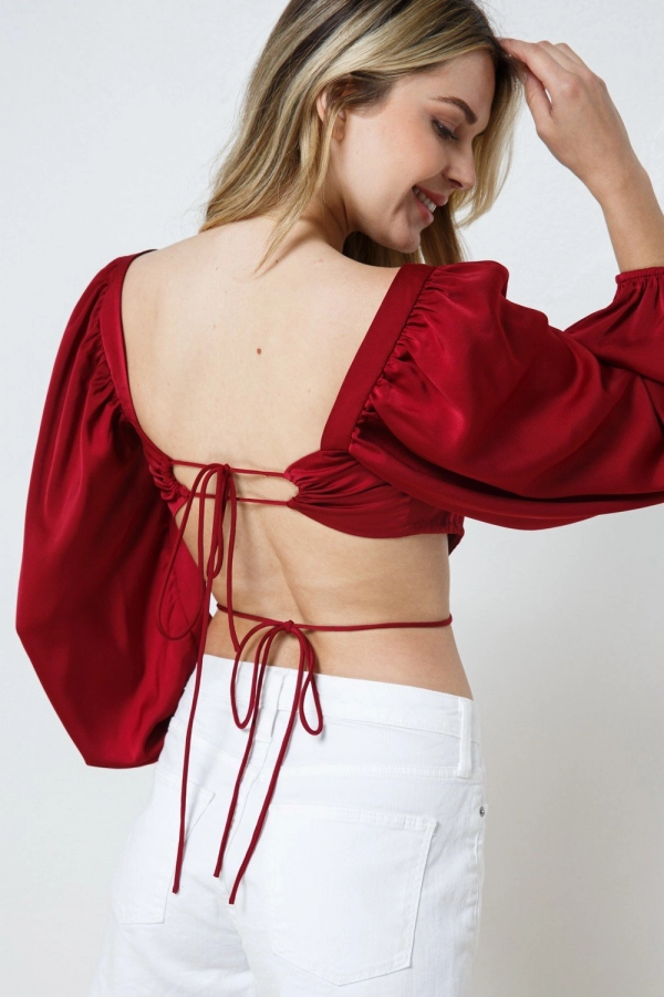 wholesale clothing wine cropped top with square neck and open back In The Beginning
