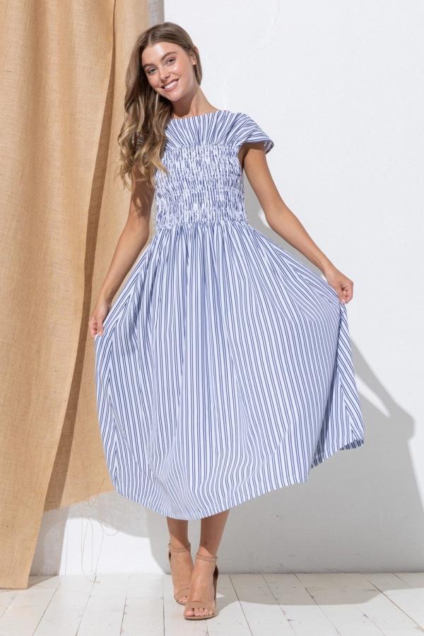 wholesale clothing navy stripe  boat neck maxi dress with ruffle details In The Beginning