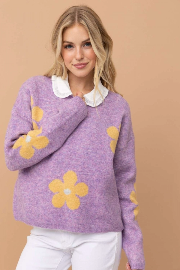 wholesale clothing lavender floral printed loose fit  sweaters In The Beginning