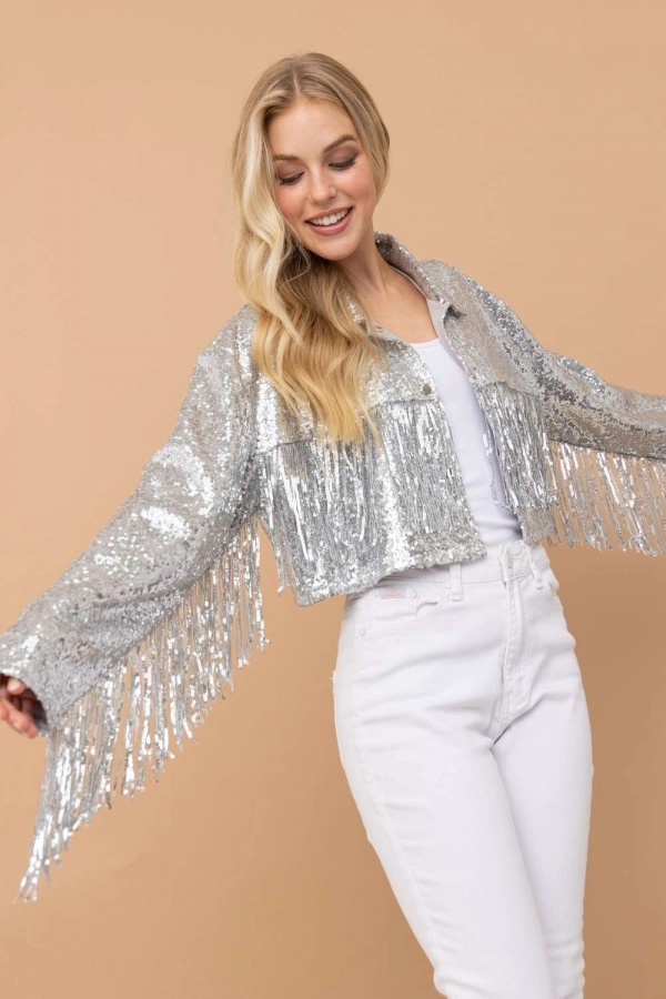 wholesale clothing silver fringe cropped jacket with buttons In The Beginning