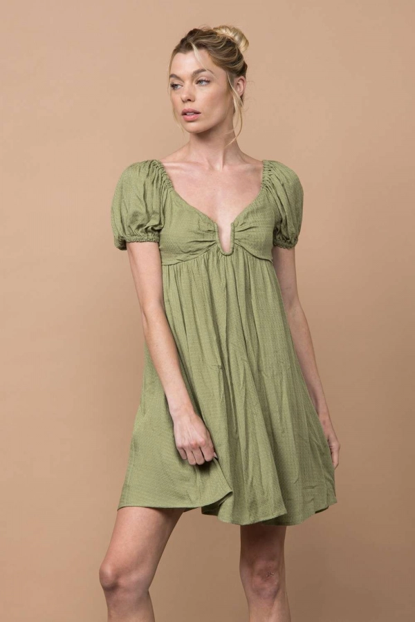 wholesale clothing olive mini dress with v neck and ruffle detail In The Beginning