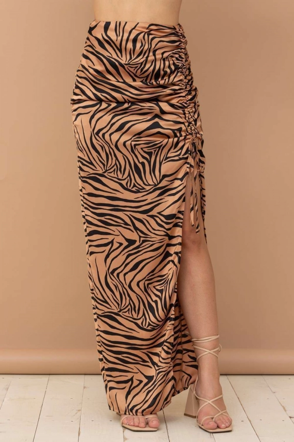 wholesale clothing camel maxi skirt with front cut details In The Beginning
