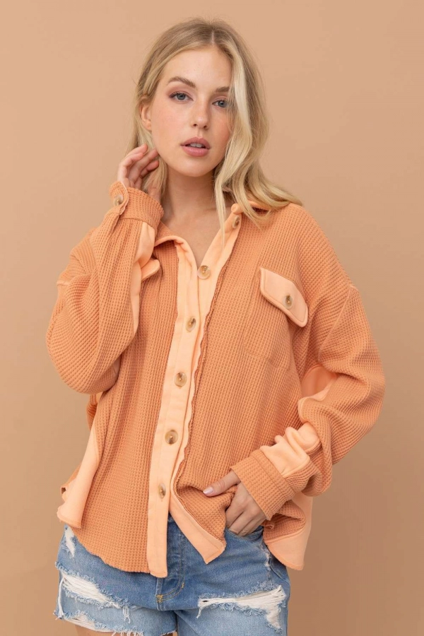 wholesale clothing orange solid jacket with buttons and pockets In The Beginning