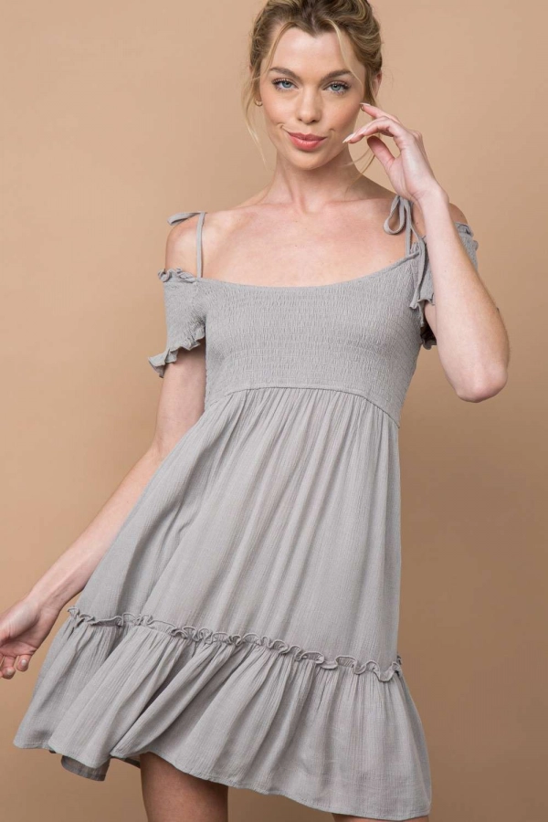 wholesale clothing grey mini dress with off shoulder and ruffle details In The Beginning