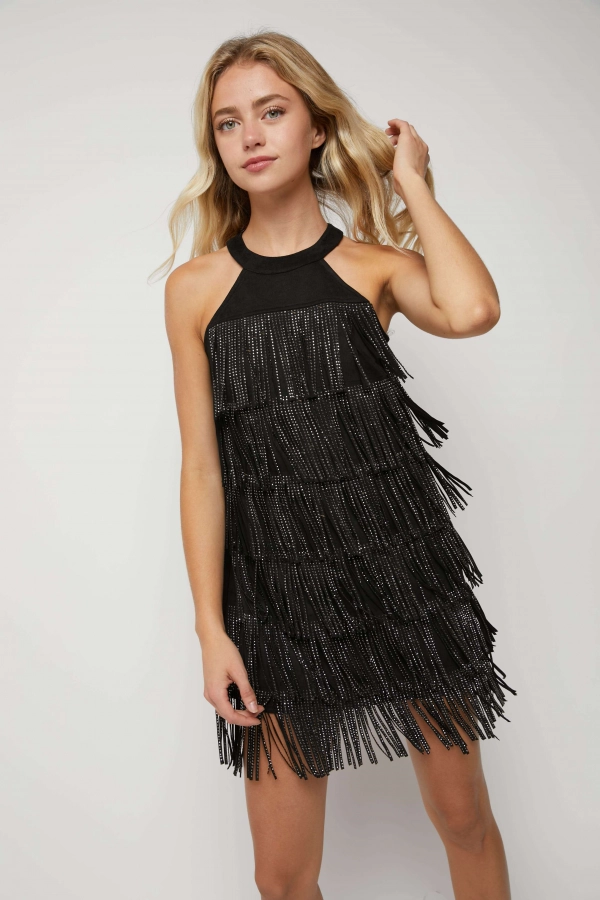wholesale clothing black mini dress with sequined details and mock neck In The Beginning