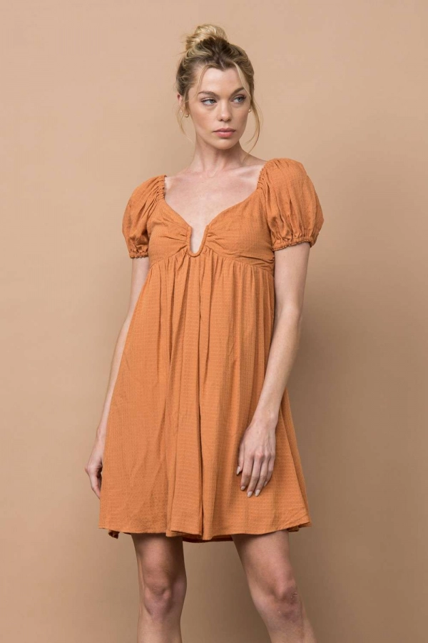wholesale clothing tan midi dress with v neck and ruffle details In The Beginning