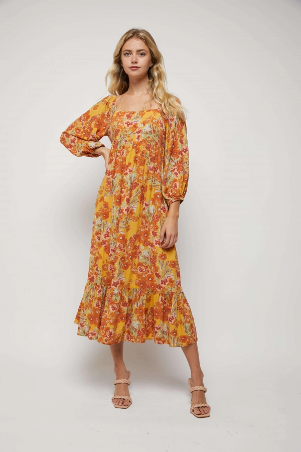 wholesale clothing yellow floral midi dress In The Beginning