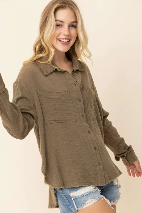 wholesale clothing olive long sleeve top with buttons In The Beginning