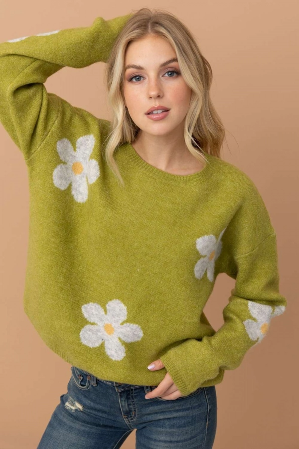 wholesale clothing lime  floral printed loose fit  sweaters In The Beginning