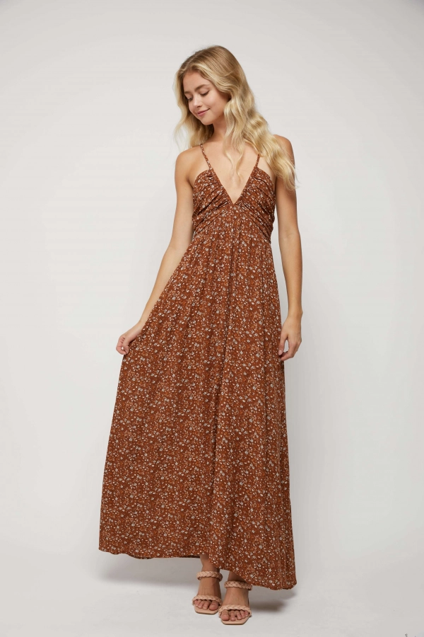 wholesale clothing almond maxi dress with spaghetti straps and v neck In The Beginning