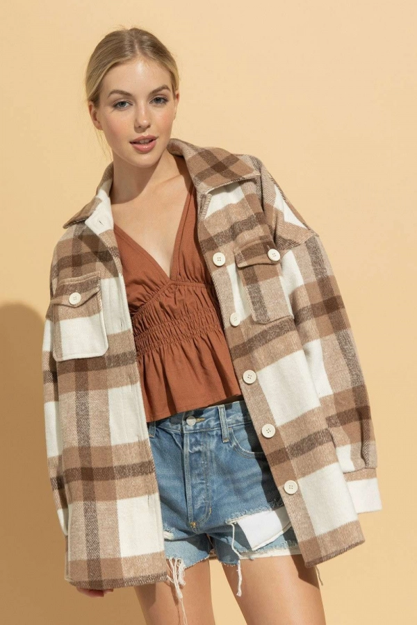 wholesale clothing brown plaid jackets with buttons In The Beginning