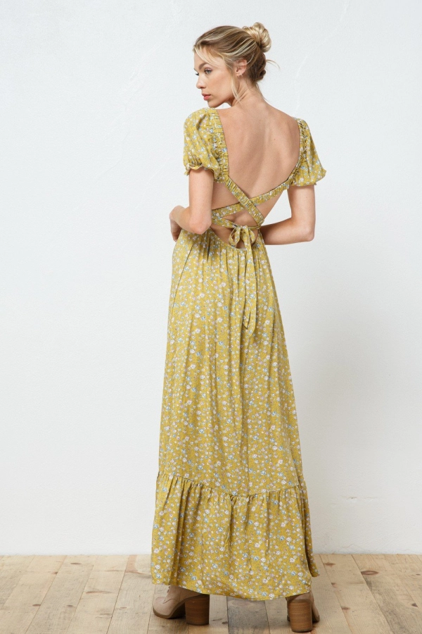 wholesale clothing mustard floral maxi dress with square neck In The Beginning