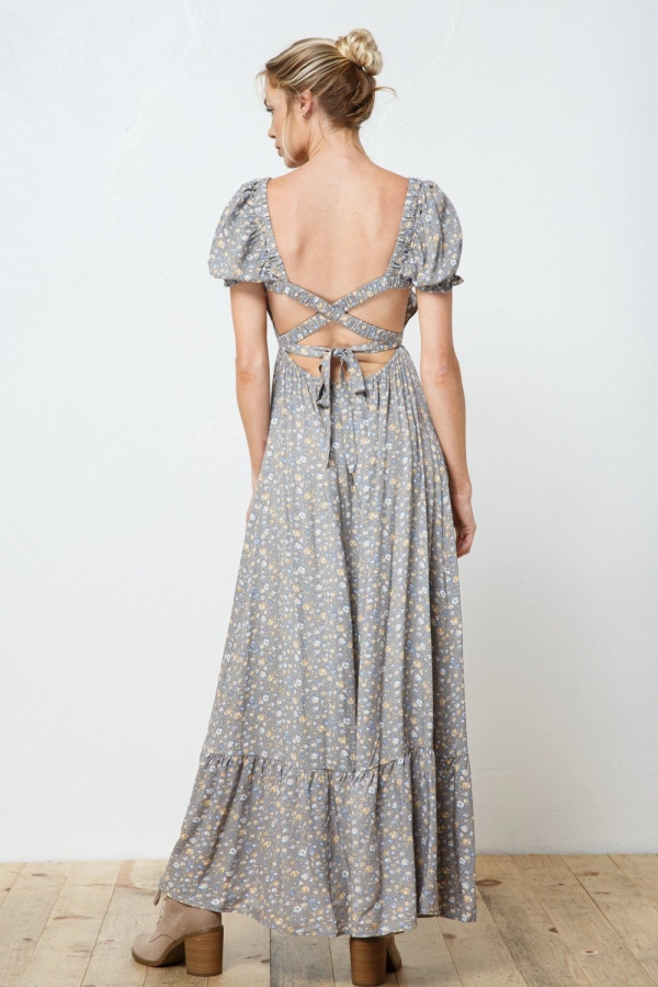 wholesale clothing grey floral maxi dress with square neck In The Beginning