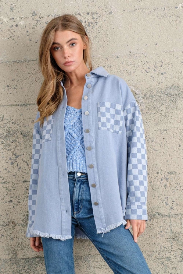 wholesale clothing blue checkered long sleeve shacket In The Beginning