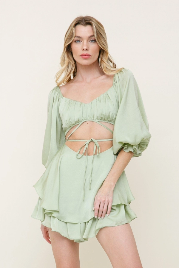 wholesale clothing sage mini open back romper with belted waist In The Beginning