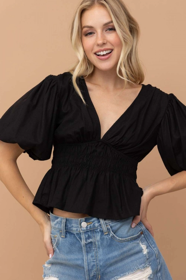 wholesale clothing black cropped top with v neck In The Beginning
