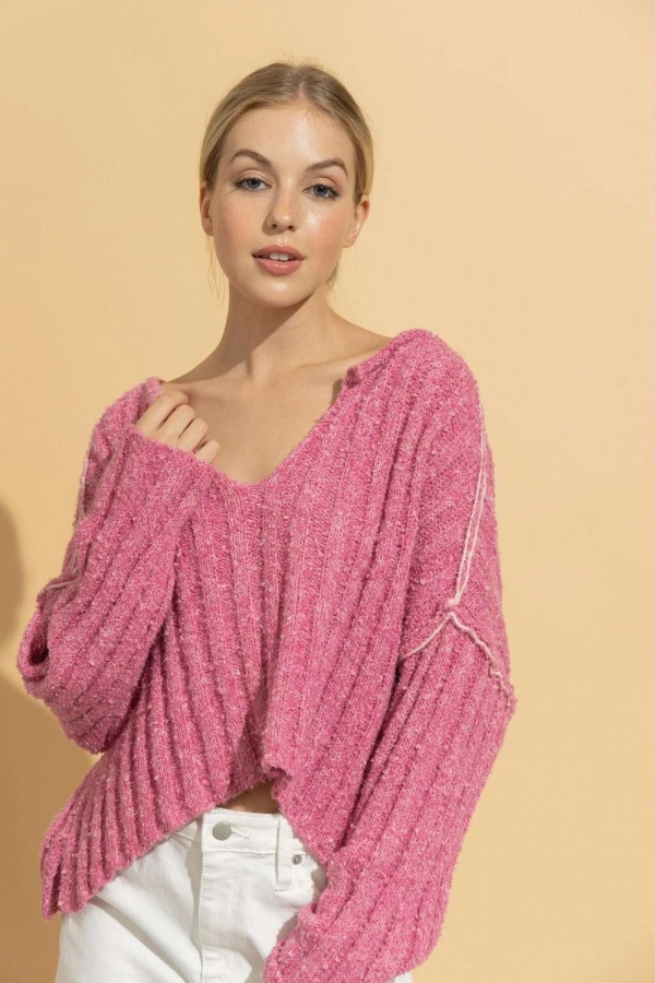 wholesale clothing pink loose fit sweaters with v neck In The Beginning