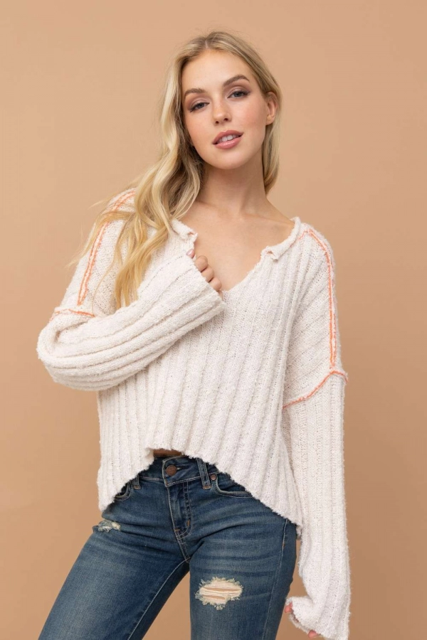 wholesale clothing ivory oversized cropped sweaters with v neck In The Beginning