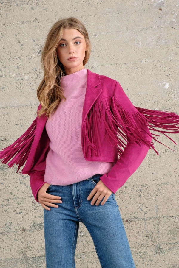 wholesale clothing hot pink fringe cropped jacket In The Beginning