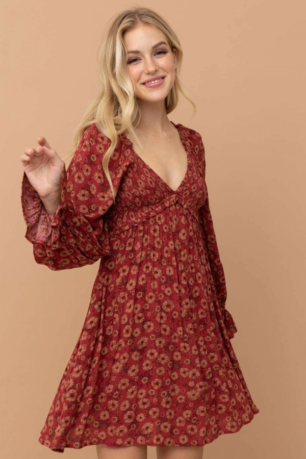 wholesale clothing burgundy floral mini dress with v neck In The Beginning