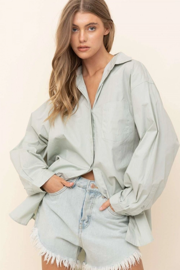 wholesale clothing sage oversized top with buttons and full sleeve In The Beginning