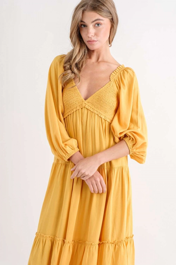 wholesale clothing yellow midi dress with long sleeve In The Beginning