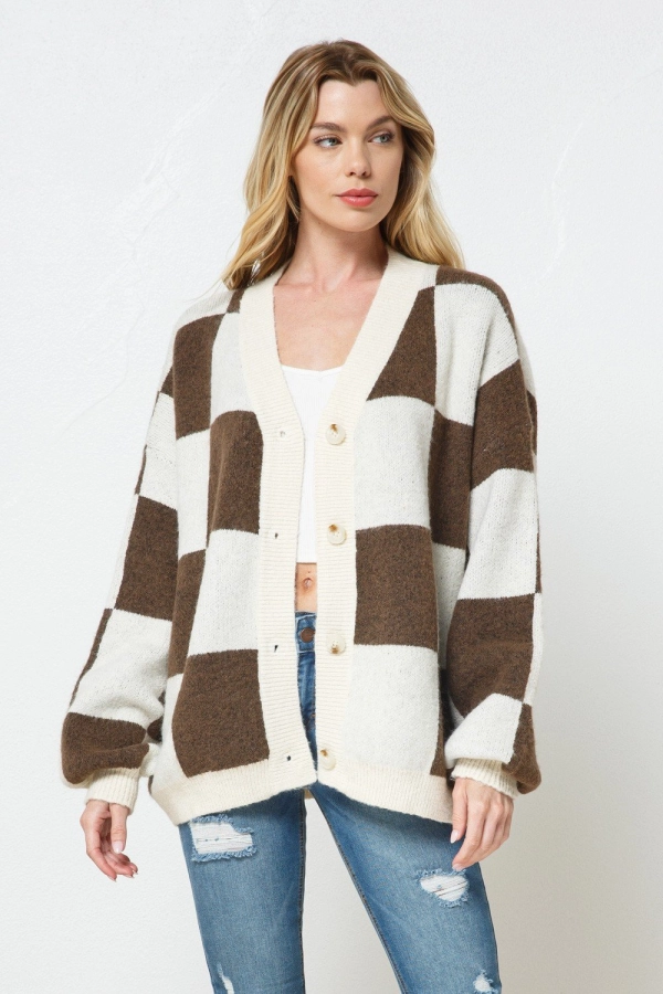 wholesale clothing brown combo loose fit cardigan with buttons In The Beginning