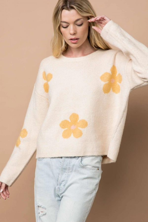 wholesale clothing beige flower loose fit sweater In The Beginning