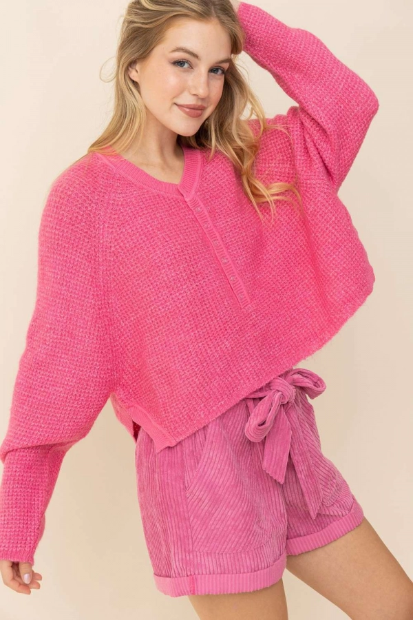 wholesale clothing hot pink sweaters with v neck and buttons In The Beginning