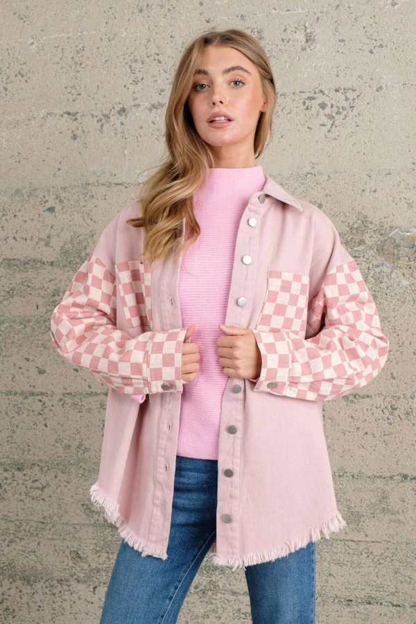 wholesale clothing pink checkered shacket In The Beginning