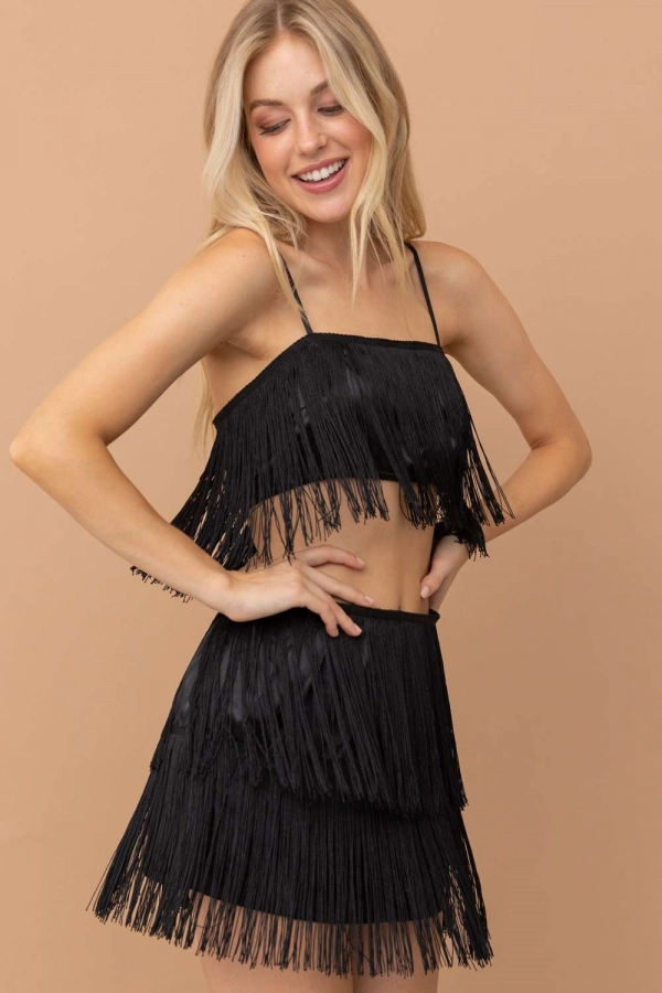 wholesale clothing black fringe set with cropped top and mini skirt In The Beginning