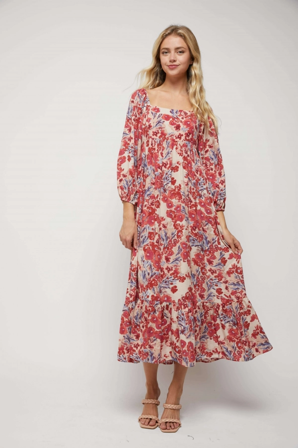 wholesale clothing red floral midi dress with ruffle details In The Beginning
