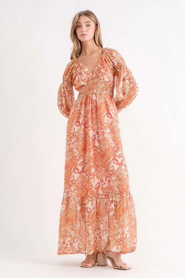 wholesale clothing rust maxi dress with long sleeve In The Beginning