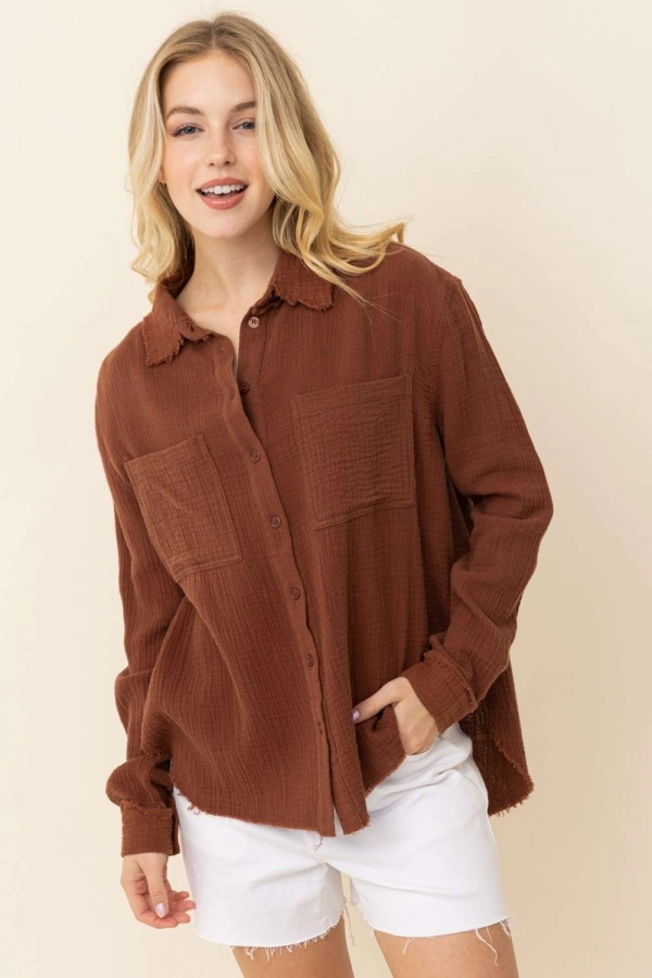 wholesale clothing dark brown long sleeve top with buttons In The Beginning