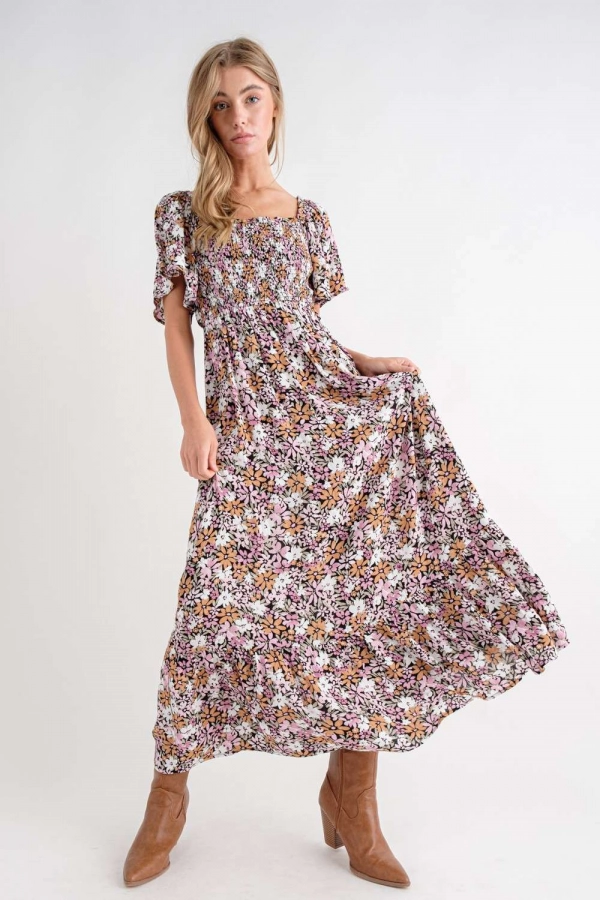 wholesale clothing pink floral maxi dress with square neck In The Beginning