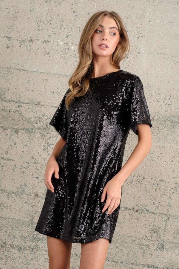 wholesale clothing black sequin mini dress with mock neck In The Beginning